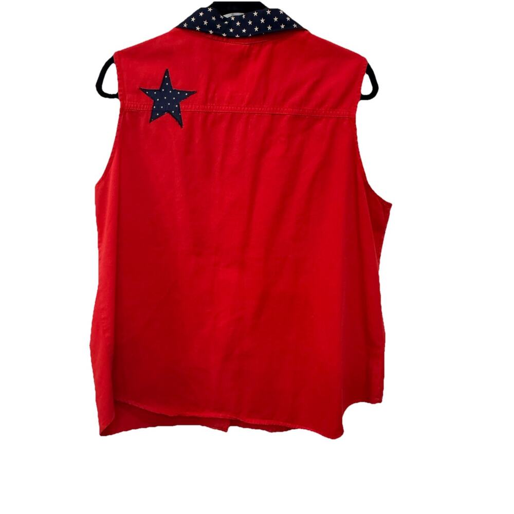 Womens XL Denim Sleeveless Patriotic July 4thButton Down Red Top Cottagecore - Picture 2 of 7